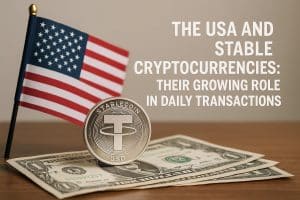 A stablecoin token placed on top of several U.S. dollar bills next to an American flag, illustrating the growing integration of digital currencies into everyday transactions in the United States and how consumers navigate financial information in a changing economic landscape.