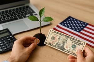 Close-up of a tabletop scene illustrating sustainable finances in the United States, featuring a young green plant sprouting from a small mound of soil beside a laptop and a calculator, while two hands hold a penny and a ten-dollar bill; the American flag lies in the background, symbolizing the connection between environmental responsibility and national economic decisions.