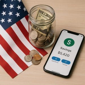 Photograph showing a minimalist arrangement representing U.S. finances, with an American flag partially spread on a wooden surface, a transparent jar filled with coins and folded dollar bills, and a smartphone displaying a digital savings interface; the composition emphasizes modern financial habits and the influence of new platforms on personal finances.