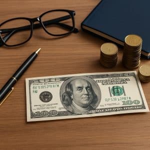 The image depicts a clean, realistic arrangement of financial objects on a wooden surface. Items include a pair of black eyeglasses, a black pen with gold accents, a closed blue notebook, several stacks of gold coins, and a U.S. hundred-dollar bill prominently displayed in the foreground. The composition conveys themes of finance, investment, and organization through its minimalistic and well-defined visual layout.