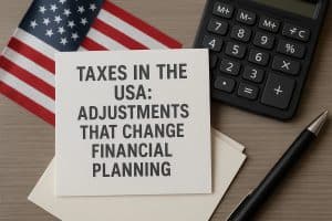 A card displaying the text ‘Taxes in the USA: Adjustments That Change Financial Planning’ placed on a desk beside an American flag, a calculator, and a pen, symbolizing how tax updates influence financial decision-making and the way individuals use economic information in the United States.