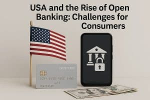 A smartphone displaying a banking security icon stands next to a small American flag, a credit card, and a hundred-dollar bill, representing how U.S. consumers navigate open banking systems and manage financial information in a digital environment.