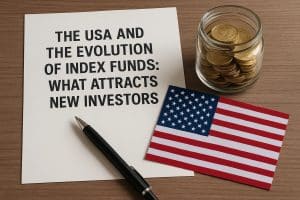 A sheet of paper displaying the title ‘The USA and the Evolution of Index Funds: What Attracts New Investors’ lies on a wooden desk, alongside a jar filled with gold coins, a black pen, and a small American flag. The composition highlights concepts of investment growth, national economic trends, and financial decision-making. The scene visually represents how information influences new investors considering index funds in the United States.
