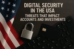 A composition featuring the American flag, a metal padlock, a black payment card, and a computer keyboard on a dark surface, symbolizing cybersecurity risks in the United States. The scene highlights concerns about protecting personal and financial information as digital threats increasingly target online accounts and investments.