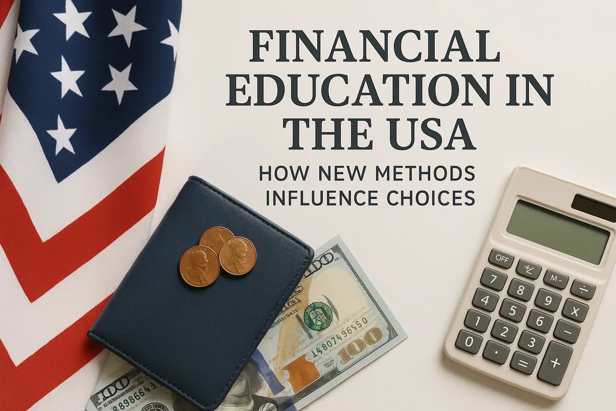 A neatly arranged composition featuring an American flag, a navy-blue wallet placed on top of a hundred-dollar bill, three copper coins, and a beige calculator, positioned beside a printed title reading “Financial Education in the USA: How New Methods Influence Choices.” The scene symbolizes how new approaches to teaching financial concepts shape decision-making, highlighting themes of money management, learning tools, and the role of information in personal economic choices.