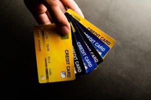 Close-up of multiple credit cards representing consumer financial information and payment options.