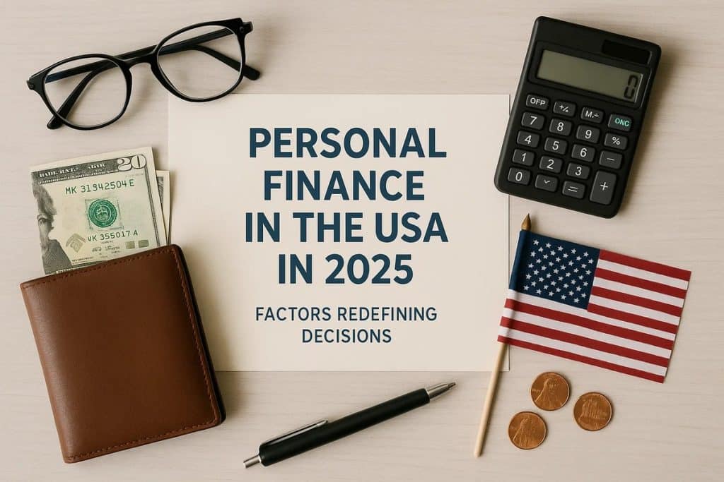 A flat-lay composition featuring a paper sheet displaying the title “Personal Finance in the USA in 2025: Factors Redefining Decisions,” surrounded by symbolic financial items such as a calculator, eyeglasses, a wallet with U.S. dollar bills, a pen, three pennies, and a small American flag. The arrangement visually represents themes of budgeting, economic planning, and the evolving landscape of personal finance in the United States.