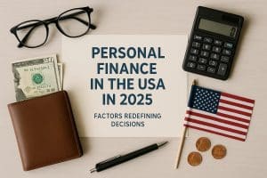A flat-lay composition featuring a paper sheet displaying the title “Personal Finance in the USA in 2025: Factors Redefining Decisions,” surrounded by symbolic financial items such as a calculator, eyeglasses, a wallet with U.S. dollar bills, a pen, three pennies, and a small American flag. The arrangement visually represents themes of budgeting, economic planning, and the evolving landscape of personal finance in the United States.