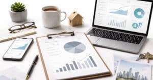 Finances in the United States illustrated by financial reports, charts on laptop and smartphone, and budgeting documents on a desk.