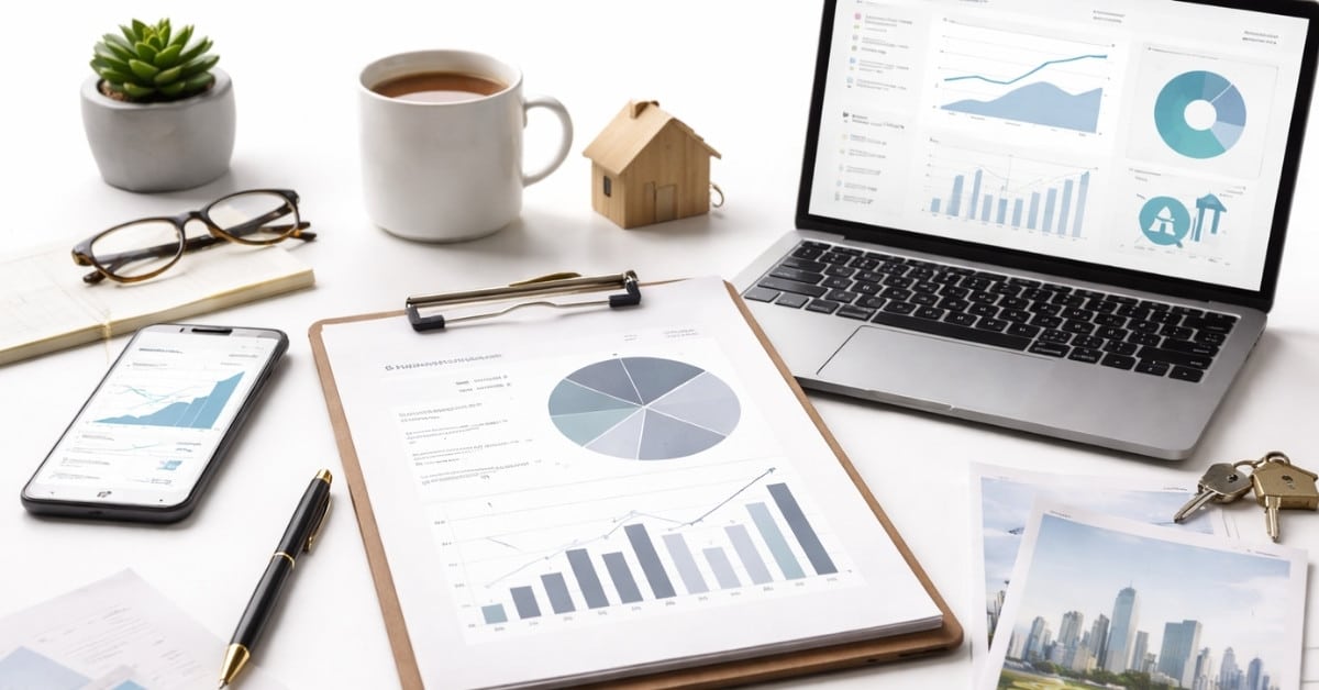 Finances in the United States illustrated by financial reports, charts on laptop and smartphone, and budgeting documents on a desk.