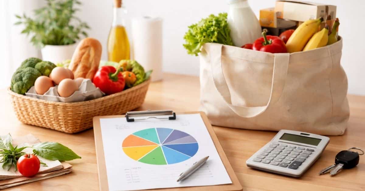 Information about household budgeting and expenses, with groceries, calculator, and financial chart on a clipboard.