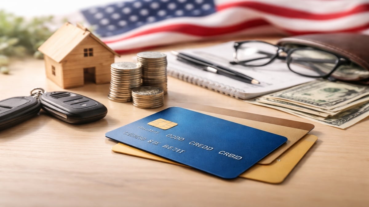 Realistic and minimalist scene featuring credit cards placed on a wooden desk alongside stacks of coins, a small wooden house model, car keys, eyeglasses, a notebook with pen, and US dollar bills, with a softly blurred American flag in the background, representing financial planning and the use of credit cards in the United States.