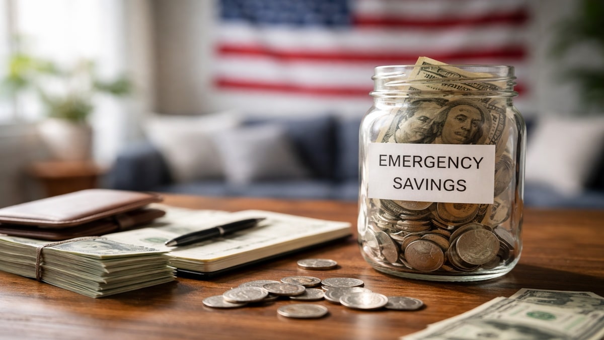 A realistic and minimalist scene showing a glass jar filled with coins and dollar bills placed on a wooden table, symbolizing emergency savings in the United States.