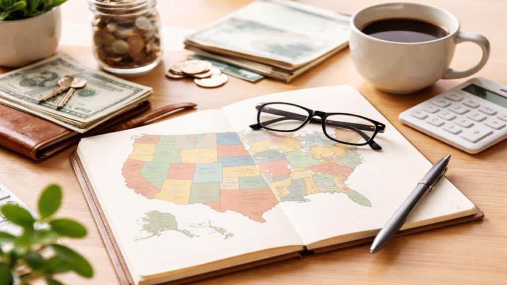 Minimalist and realistic scene showing a notebook with a map of the United States on a wooden desk, surrounded by cash, coins in a glass jar, a calculator, glasses, and a coffee cup, representing personal finances and budget planning across different states in a calm and organized environment.
