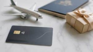 Minimalist and realistic composition featuring a modern credit card on a marble surface with a small airplane model, passport, and wrapped gift in the background, representing travel rewards and lifestyle benefits associated with credit card usage in the United States.