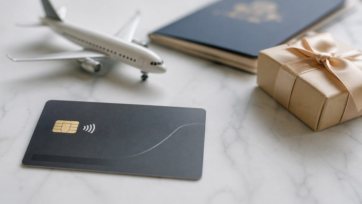 Minimalist and realistic composition featuring a modern credit card on a marble surface with a small airplane model, passport, and wrapped gift in the background, representing travel rewards and lifestyle benefits associated with credit card usage in the United States.