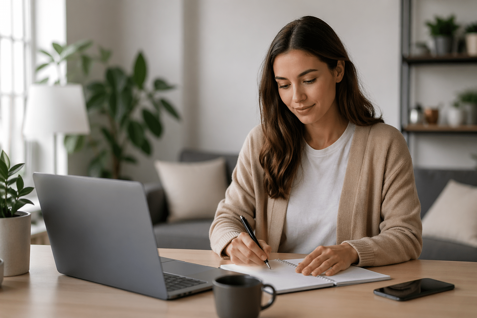 Young adult woman in a bright, minimalist home office environment, writing in a notebook beside a laptop, with soft natural light and neutral decor, representing focus, organization, and modern personal Finances management among young adults in the United States.
