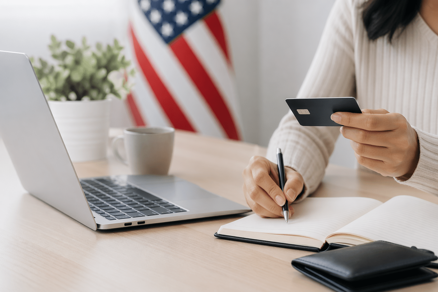 A minimalist and realistic workspace scene showing a person holding a Credit Card while writing notes in a notebook next to a laptop on a clean desk, with soft lighting and a subtle American flag in the background, representing mindful financial planning in the United States.