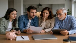 A multi-generational family gathered around a wooden table in a modern, softly lit home environment, reviewing financial documents and using digital devices, representing shared financial planning and decision-making across age groups in the United States, highlighting the exchange of INFORMATION between younger and older generations in a calm and focused setting.