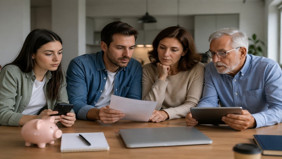 A multi-generational family gathered around a wooden table in a modern, softly lit home environment, reviewing financial documents and using digital devices, representing shared financial planning and decision-making across age groups in the United States, highlighting the exchange of INFORMATION between younger and older generations in a calm and focused setting.