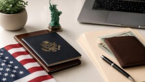 The image visually represents this transition through a clean and minimalist workspace scene featuring a passport, American flag, wallet, financial documents, laptop, and a small Statue of Liberty. Together, these elements symbolize planning, opportunity, and the financial organization required before starting a new life in another country.