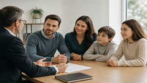 The image illustrates a professional financial consultation in a minimalist office environment. A fiduciary advisor is shown speaking with a family gathered around a table, representing trust, collaboration, and long-term financial planning. The clean composition, natural lighting, and calm atmosphere reinforce themes of organization, stability, and responsible management of family finances.