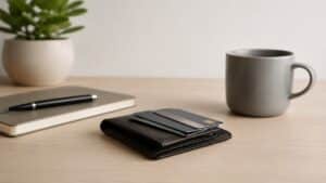 The image visually represents this concept through a minimalist and realistic workspace scene. A leather wallet with stacked credit card items, a notebook, a pen, a coffee mug, and a small plant create a calm and organized atmosphere that symbolizes financial responsibility, planning, and the process of building a strong financial reputation over time.