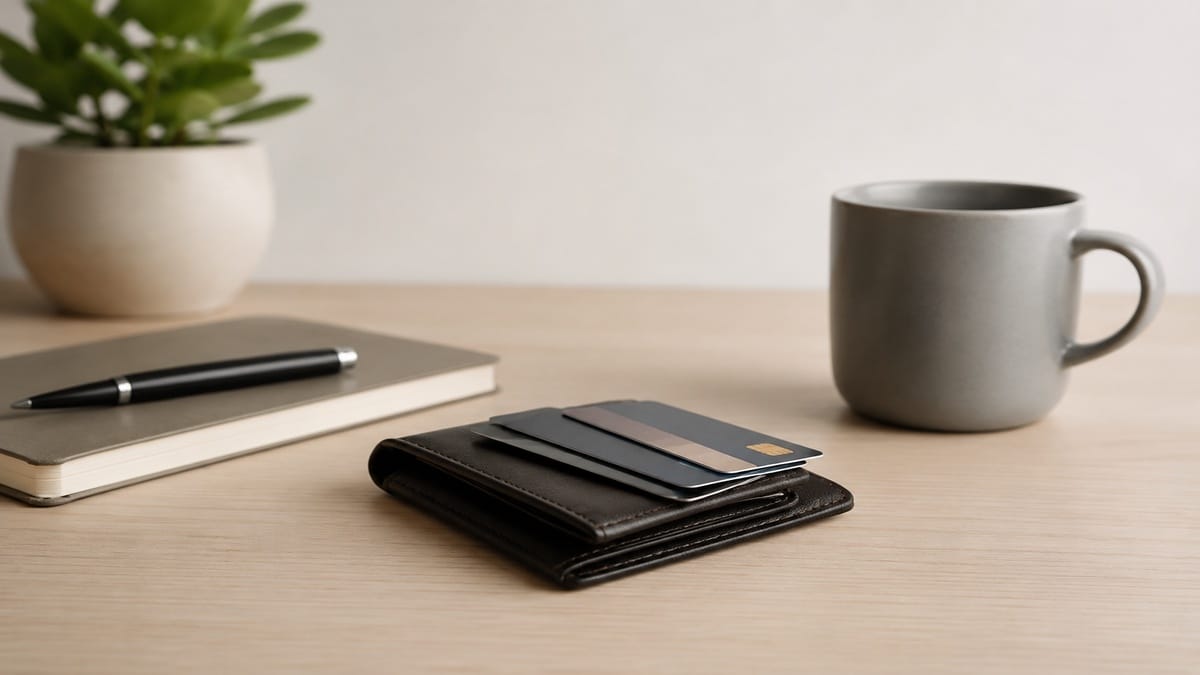 The image visually represents this concept through a minimalist and realistic workspace scene. A leather wallet with stacked credit card items, a notebook, a pen, a coffee mug, and a small plant create a calm and organized atmosphere that symbolizes financial responsibility, planning, and the process of building a strong financial reputation over time.