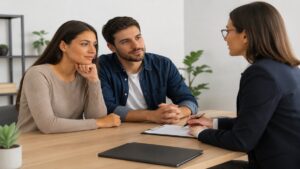 The image perfectly complements the topic by portraying a realistic and minimalist professional consultation scene in a modern office environment. The composition conveys trust, financial guidance, and long-term planning, visually reinforcing the concepts of worker protection, professional support, and access to important information related to employment rights and responsibilities.