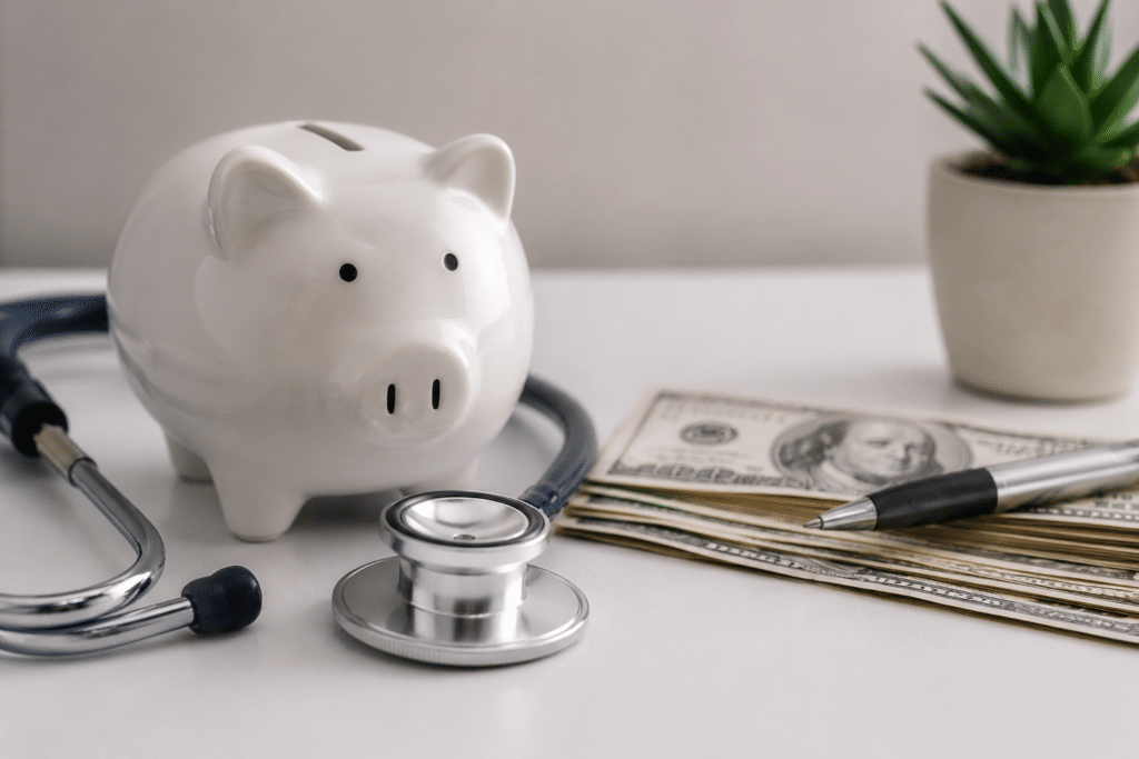 A realistic and minimalist scene representing Finances and healthcare costs in the United States. A white ceramic piggy bank sits on a clean white surface beside a metallic stethoscope, symbolizing the connection between personal savings and medical care. In the background, a small green plant adds a calm and modern atmosphere, while a stack of US dollar bills and a pen reinforce the idea of long-term financial planning. The lighting is soft and balanced, with sharp details and neutral tones creating a professional and elegant composition without visual clutter.