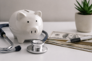 A realistic and minimalist scene representing Finances and healthcare costs in the United States. A white ceramic piggy bank sits on a clean white surface beside a metallic stethoscope, symbolizing the connection between personal savings and medical care. In the background, a small green plant adds a calm and modern atmosphere, while a stack of US dollar bills and a pen reinforce the idea of long-term financial planning. The lighting is soft and balanced, with sharp details and neutral tones creating a professional and elegant composition without visual clutter.