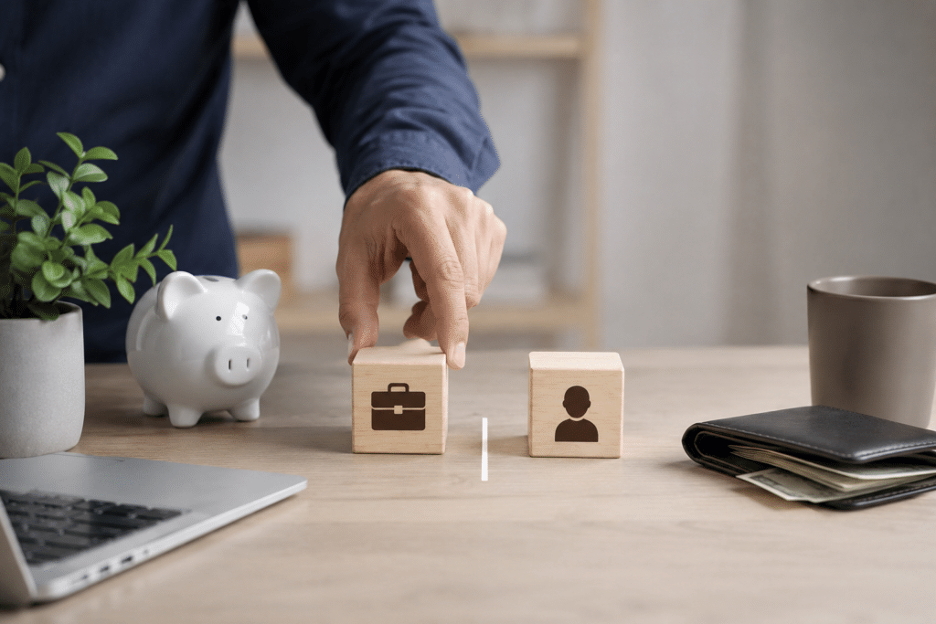A realistic and minimalist office workspace representing finances for entrepreneurs in the United States. A person’s hand places a wooden block with a business briefcase icon beside another block with a personal profile icon, symbolizing the separation between personal and business finances. On the desk, there is a white piggy bank, a partially visible laptop, a leather wallet with cash inside, and a coffee mug. The environment features soft natural lighting, neutral tones, and a clean modern aesthetic with balanced contrast and sharp details.